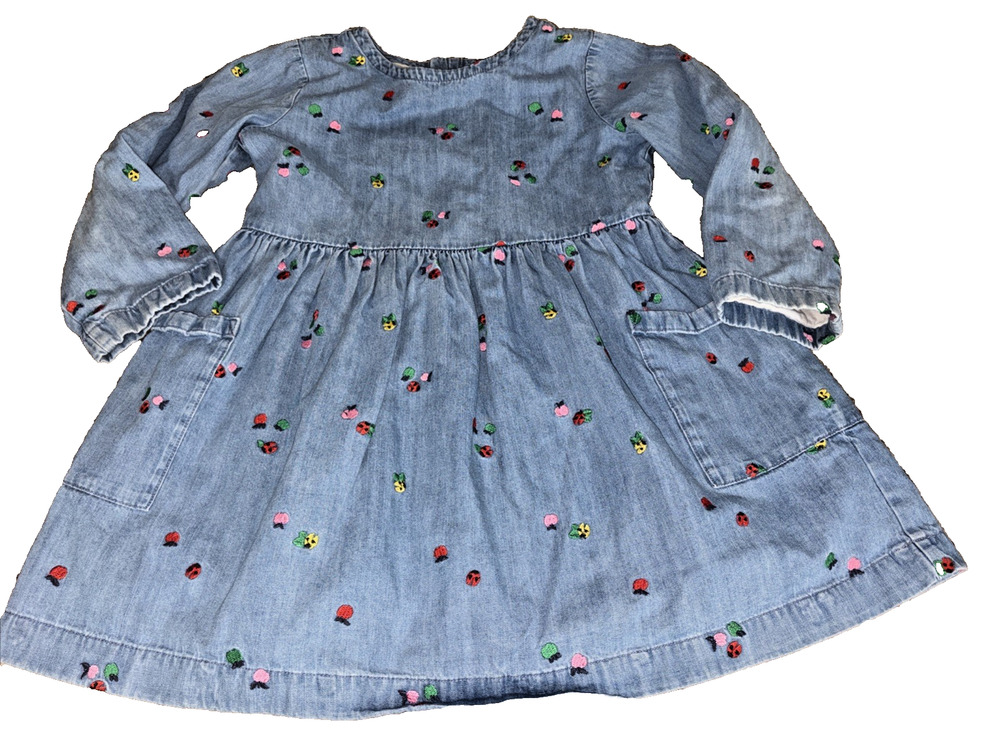 Hanna Andersson Denim Embroidered Flower Lady Bug Dress Girls Size 5 #F50